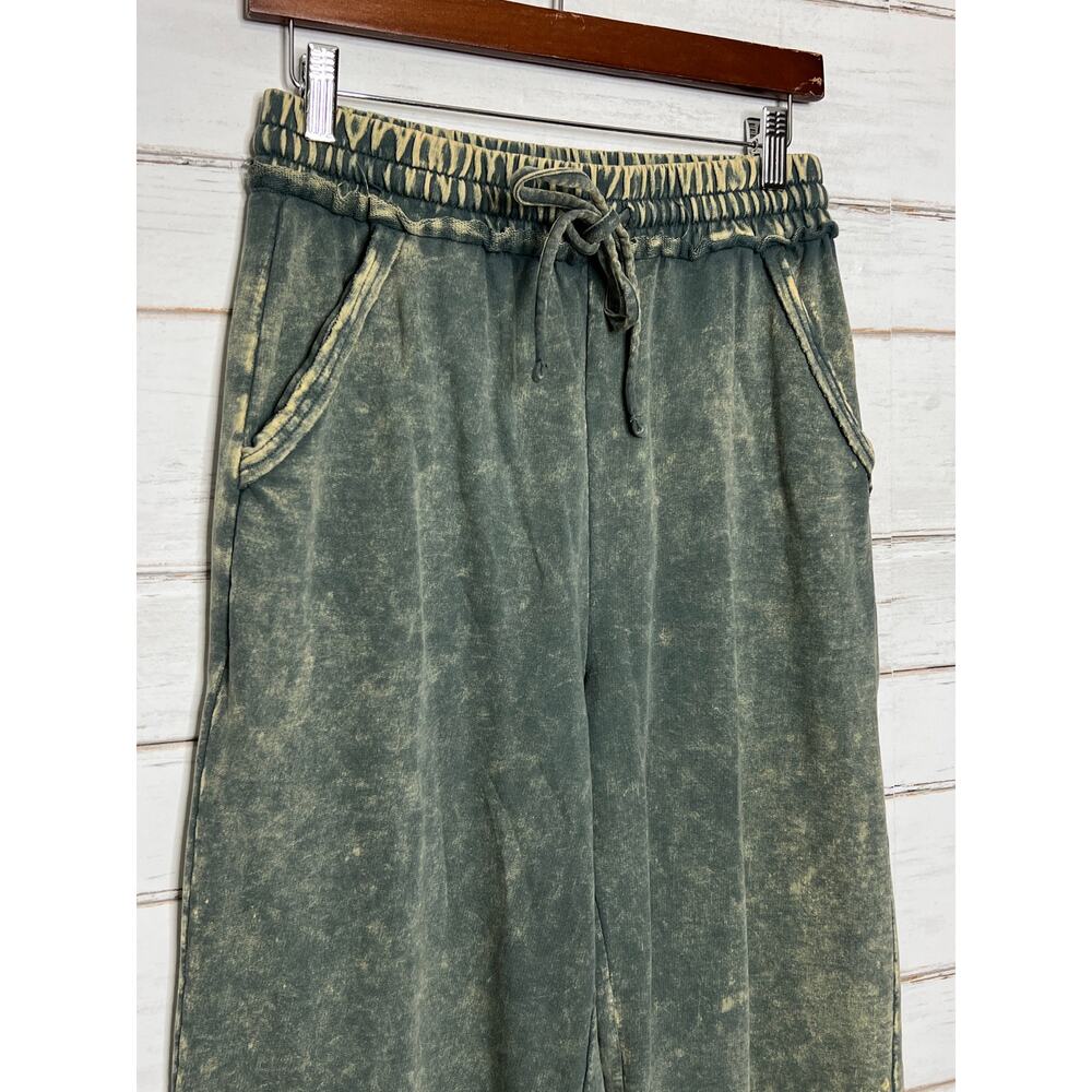 Zenana Acid Washed French Terry Palazzo Pants Small Olive Green Drawstring - Picture 10 of 10